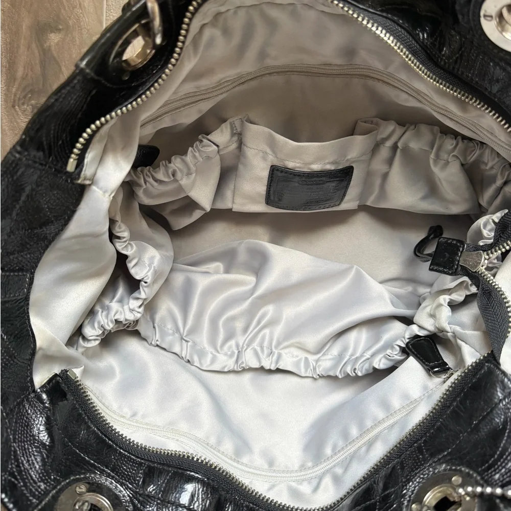 Coach Black Leather Signature-Pattern Tote with Silver Hardware diaper bags